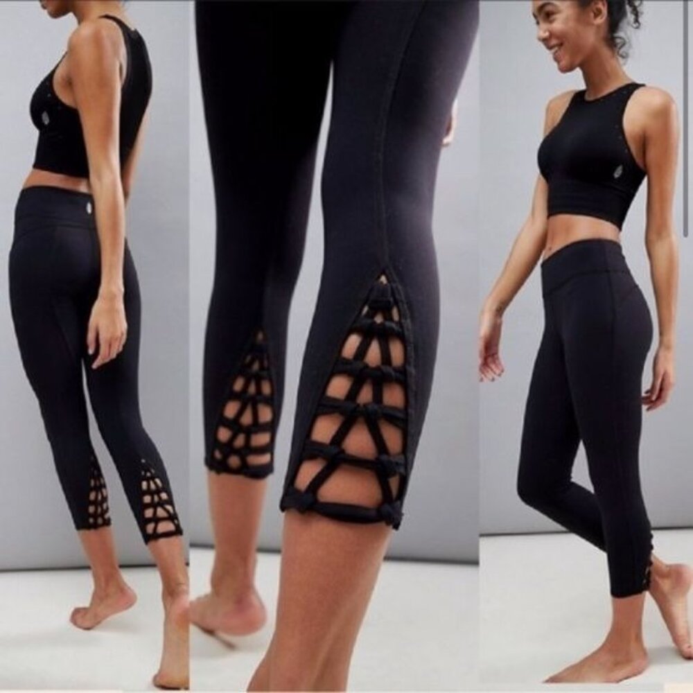 Free People Movement High Waist Black Cropped Lace Up Athletic Leggings - Picture 4 of 5
